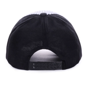 Detail view of black baseball cap snapback closure with white pearl stud decorations