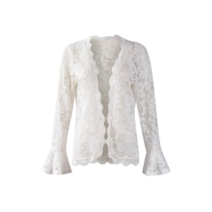 Detailed view of floral lace texture and elegant bell sleeves on a white lace cardigan
