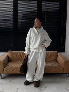 Vintage gray embroidered set with high collar sweatshirt and wide leg pants for women