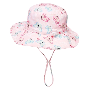 Detail showing adjustable drawstring and pink butterfly print on kids sun hat fabric