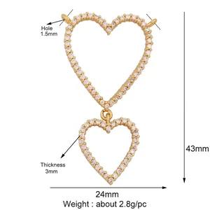 Detailed view of gold plated double heart pendant with cubic zirconia inlay dimensions