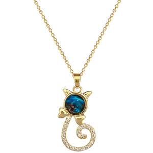Cat star sky necklace with blue gemstone and diamonds on a gold titanium steel chain