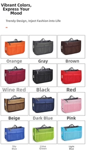 Matrix of 12 colorful nylon bag organizer inserts with multi-pocket design and dual handles
