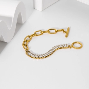 Detail von 18K Goldkette Armband mit rechteckigen Zirkonia und OT-Knebelverschluss