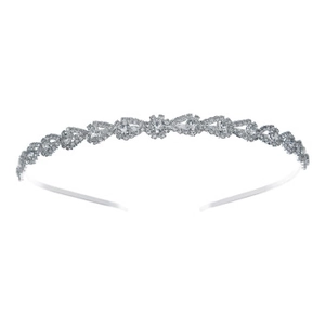 Detailed close-up of a silver headband featuring crystal rhinestones and leaf shaped gems