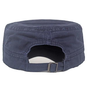 Detail of navy cotton cadet cap with adjustable metal buckle and decorative stitching