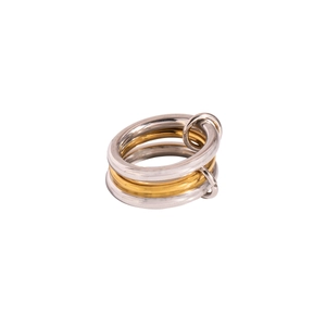 Polished gold and silver interlocking stainless steel ring in a three-band linked design