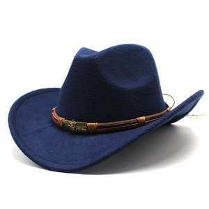 Close-up of navy wool cowboy hat featuring a brown leather band and antique metal buckle