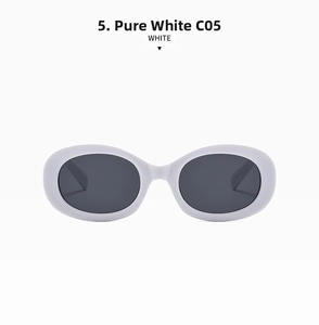Detailed front view of retro oval sunglasses in solid white with dark grey lenses
