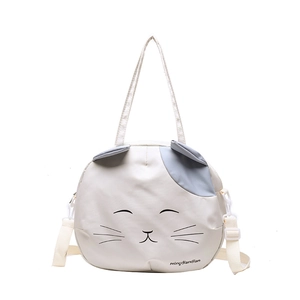 Cute Japanese style cat canvas shoulder bag with grey ear detail and cartoon face