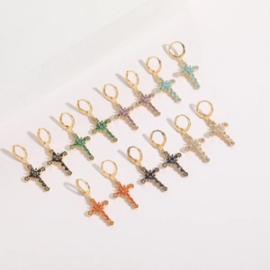 Cross drop earrings with 14K gold plating and colorful zircon stones on white background
