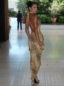 Sexy backless halter leopard print slim midi dress for women in summer fashion style