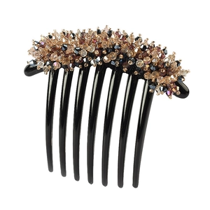 Elegant crystal bud hair comb with multi-faceted beads on black 7-tooth resin base