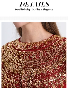Detail of red chiffon dress with golden sequins and intricate beadwork embroidery