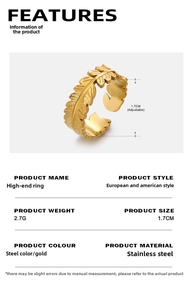 Detailed specs of adjustable 18K gold plated stainless steel leaf ring, weight 2.7g