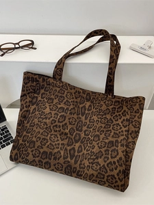 Retro leopard print suede tote bag with large capacity for women's daily commute