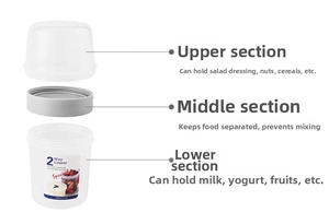 Dual-layer portable food container showing dry and wet separation for yogurt and salad
