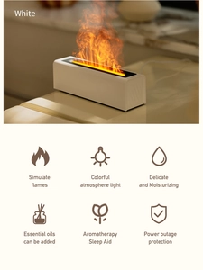 Detail view of white flame humidifier showing 3D mist effect and home atmosphere icons