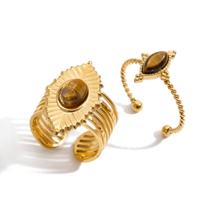 French vintage gold twist ring and cuff bracelet set with marquise tiger eye stones