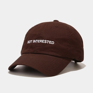 Detailed view of white letter embroidery and stitching on the brown baseball cap