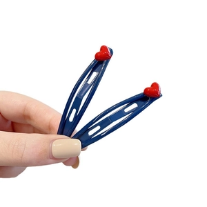Minimalist navy blue BB hair clips with red 3D hearts for women stylish hair accessory