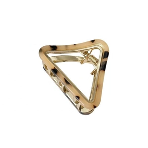 Triangular tortoiseshell hair claw clip with gold spring on a clean white background