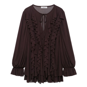 Damen Minikleid Polyester Chiffon Langarm Rundhals Schnürung Gestufte Rüschen Hohe Taille Urlaub Elegant Vintage