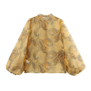 Vintage yellow organza shirt with paisley pattern, lantern sleeves and high collar back view