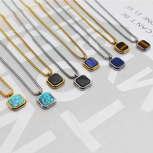 Square Geometric Pendant Necklace Stainless Steel Titanium Venetian Chain Lapis Lazuli Tiger Eye Stone Women Elegant Jewelry