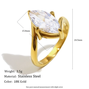 18K gold plated stainless steel marquise ring with size specifications on white background