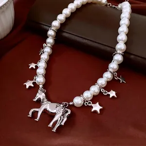 Collier Künstliche Perles De Verre Avec Pendentif Cheval Breloques Étoiles Bijoux Mode Rétro Pour Femme Chaîne Pull Quotidien