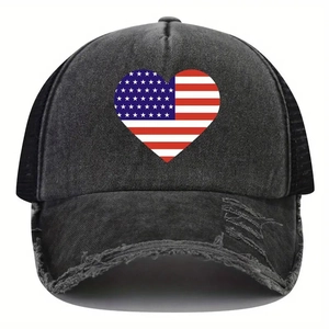 Distressed black trucker hat with American flag heart print and mesh back panels