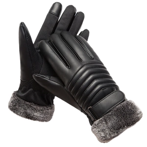 Men's winter PU leather touch screen gloves with plush cuffs and non-slip palm grip