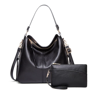 Classic black leather hobo shoulder bag set with gold hardware and matching pouch