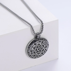 Silver stainless steel Star of David zodiac pendant necklace with vintage engraving detail