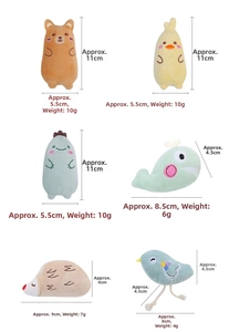 Set of 6 cute plush charms showing dimensions and weights for cat toys or keychains