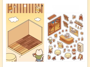 Macro detail of DIY 3D cat cafe PET stickers showing miniature coffee shop scene components