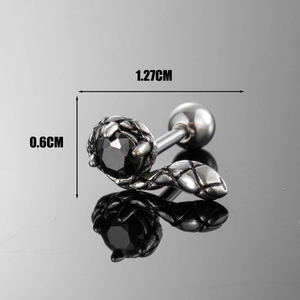 Men's stainless steel snake stud earring with black gemstone, size 1.27cm by 0.6cm