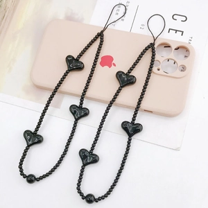 Black Heart Beaded Phone Charm Strap Celebrity Style Wristlet Chain For Women Girl Mobile Phone Decoration Hand Wrist Lanyard