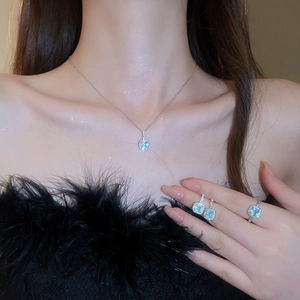 Exquisite square cut light blue gemstone jewelry set with necklace earrings and ring
