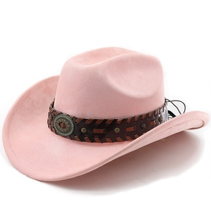 Pink suede cowboy hat detail featuring brown leather band with turquoise western ornament