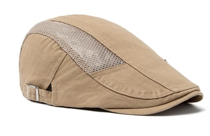 Detail of khaki flat cap showing breathable mesh side panels and adjustable metal buckle