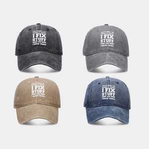 Detailed grid of washed cotton vintage baseball caps in charcoal, grey, khaki and navy