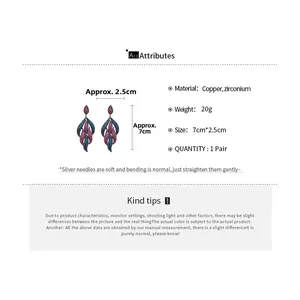 Detailed size guide for drop earrings featuring copper base and multicolored zircon stones