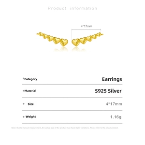 Detail view of gold heart-shaped S925 silver ear crawlers with zircon measurements