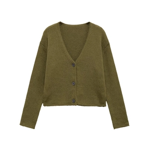Olive green V-neck knitted cardigan with long sleeves and three dark buttons on a white background
