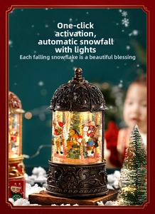 Macro detail of vintage Christmas carousel music box with snow globe and warm LED lighting