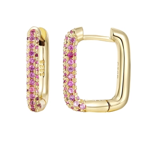 Detail of 925 silver gold-plated rectangular hoop earrings with gradient pink stones