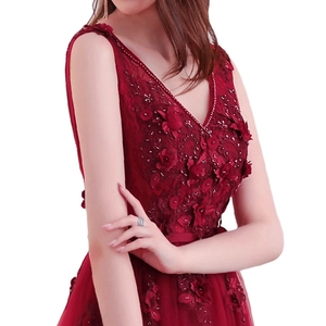 Exquisite 3D floral embroidery and sequins on the burgundy V-neck evening gown detail