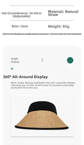 Size chart for straw sun visor: 54-60cm adjustable circumference and 13cm wide brim detail